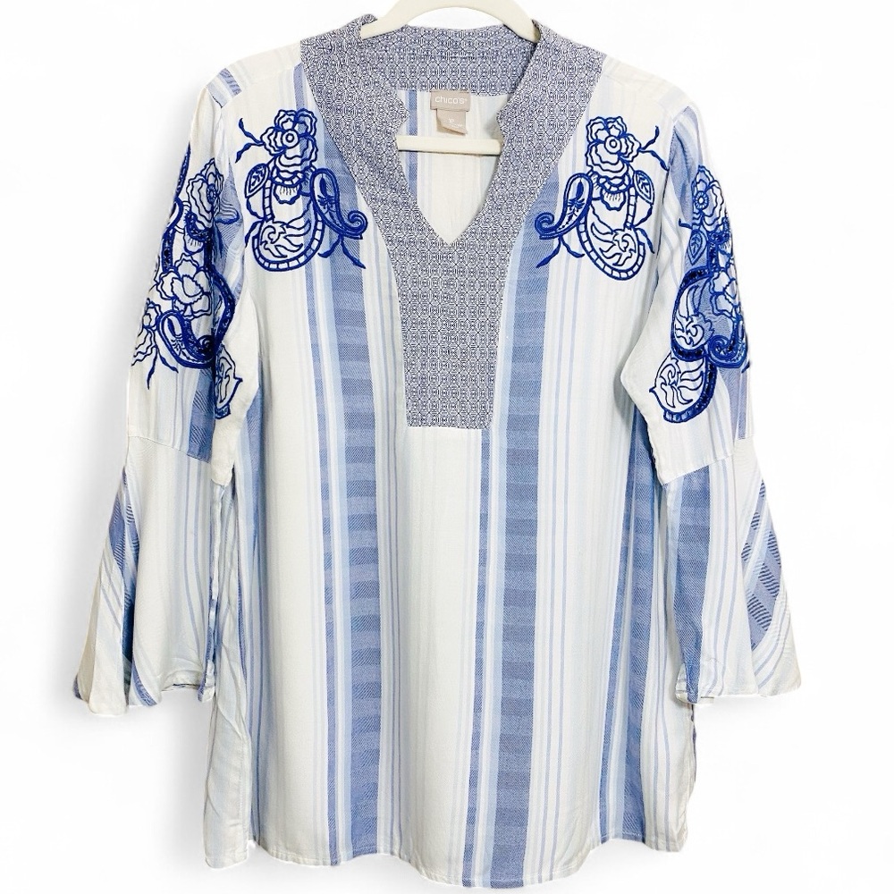 Chico’s Boho Blue & White Stripe Floral Paisley Embroidered Bell Sleeve Blouse